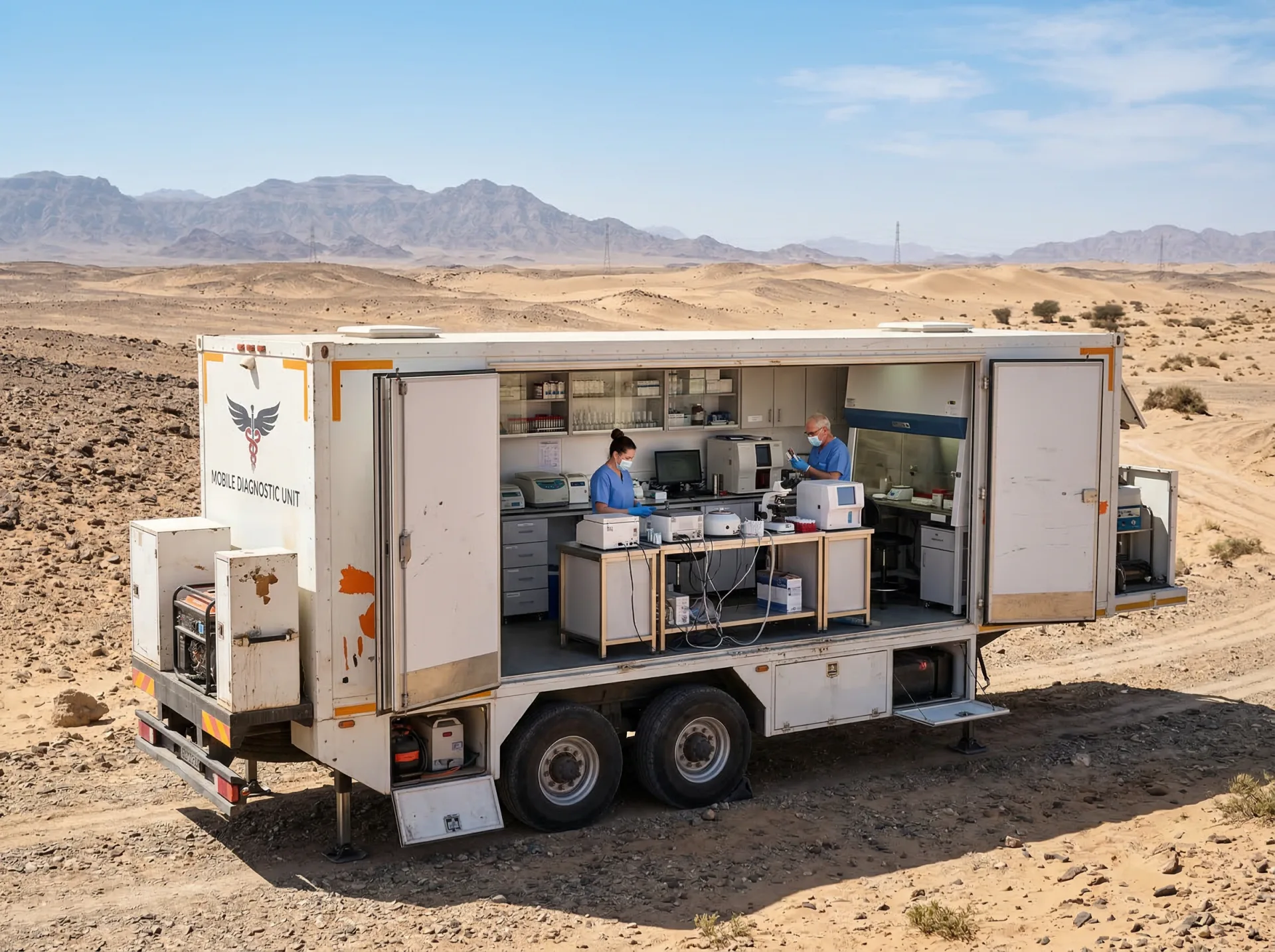 Mobile diagnostic laboratory unit deployed in arid field conditions