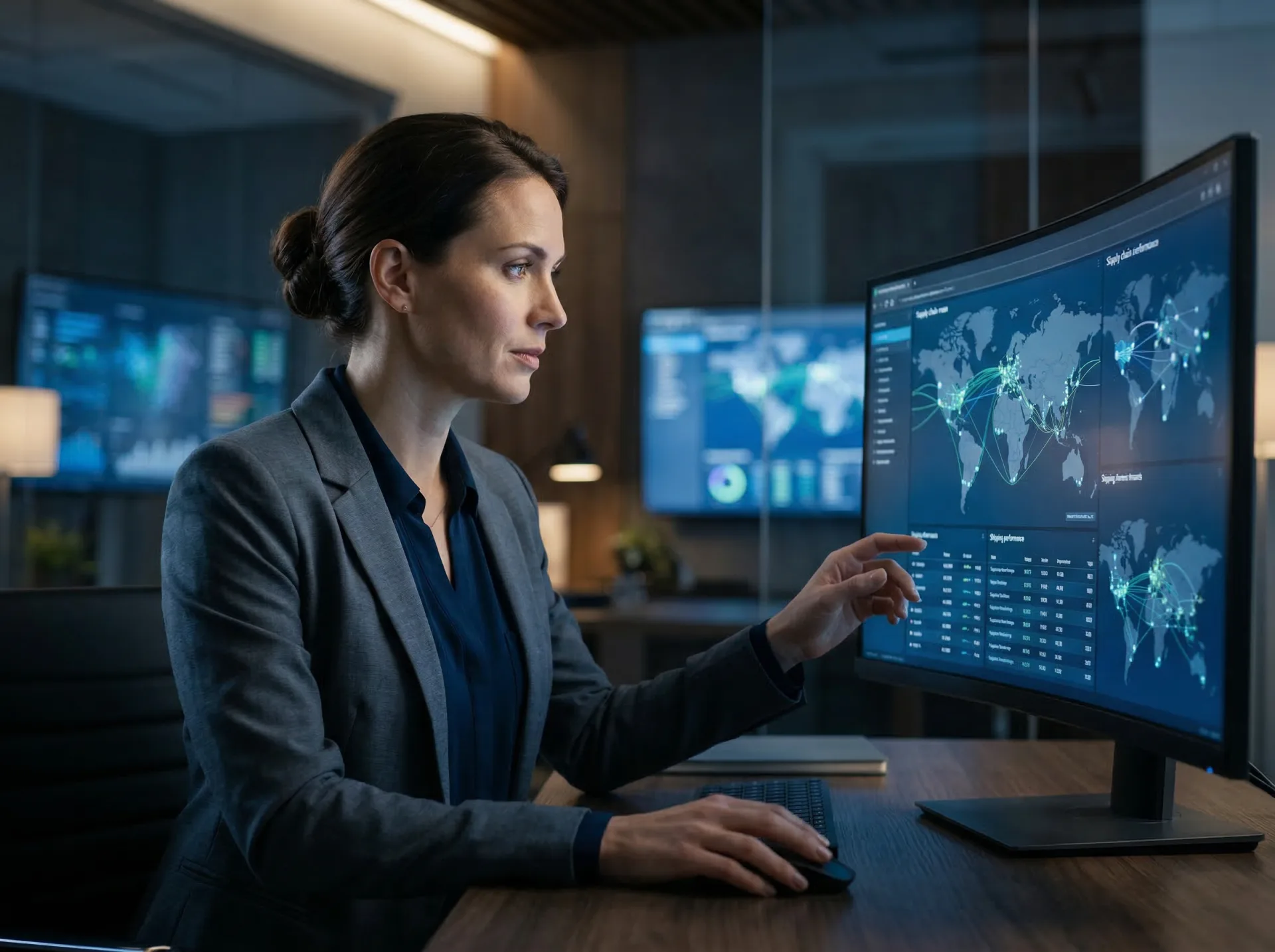 Supply chain consultant analyzing global trade route data on screens