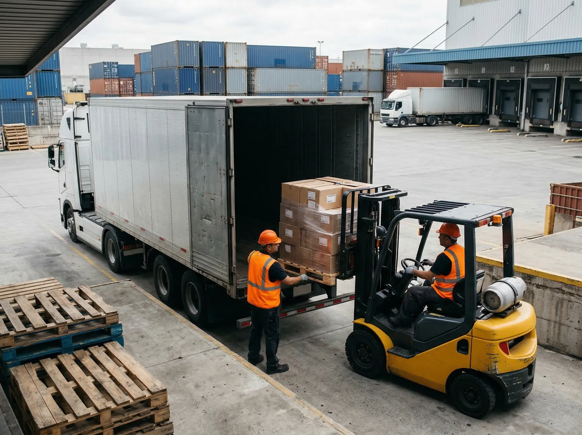 Logistics workers loading freight truck at industrial terminal