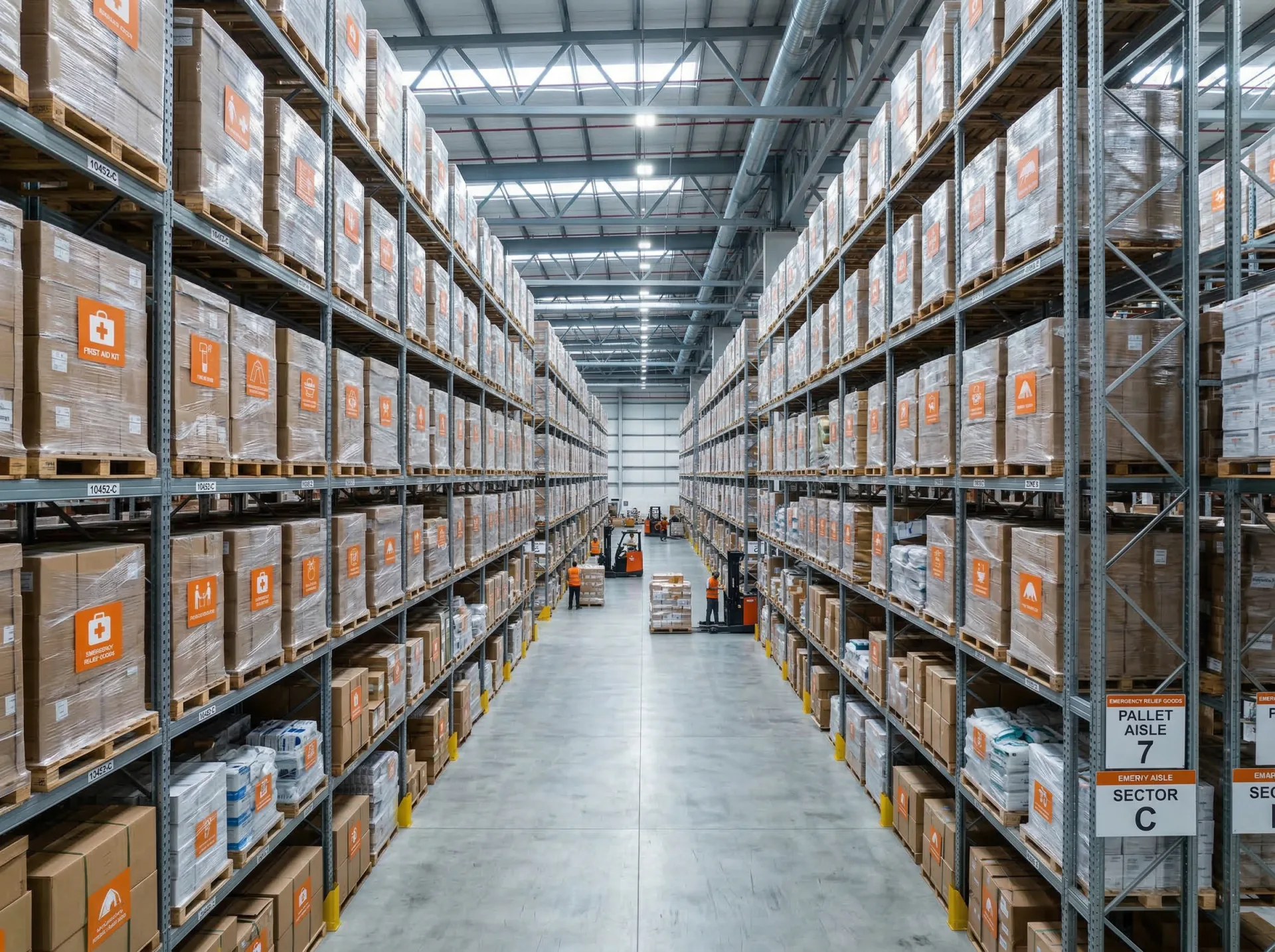 Humanitarian aid warehouse with organized supply pallets ready for rapid deployment