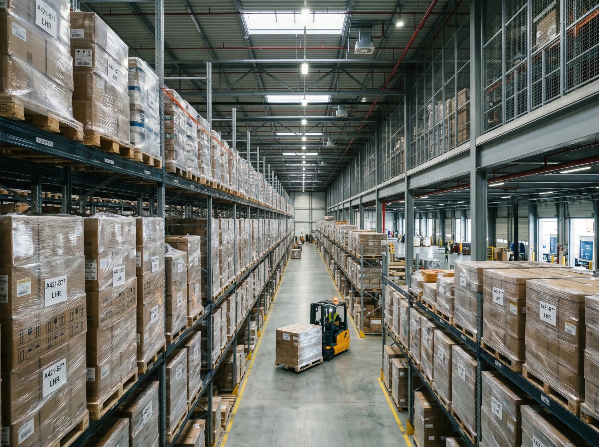 Air freight warehouse with pallets and forklift ready for international shipping
